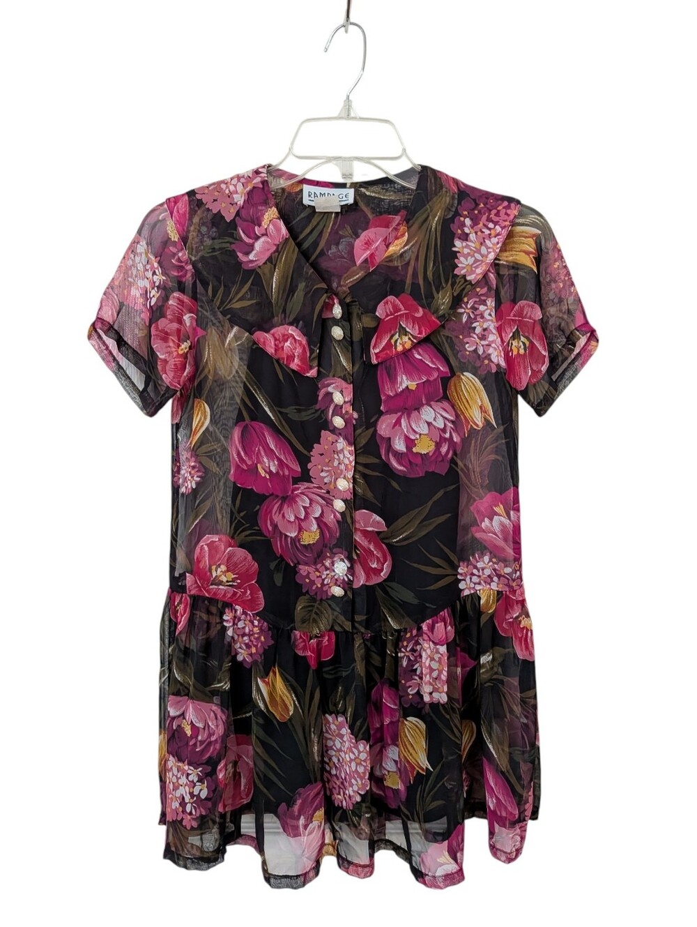 Vintage Rampage Black Sheer Blouse with Pink Floral Print